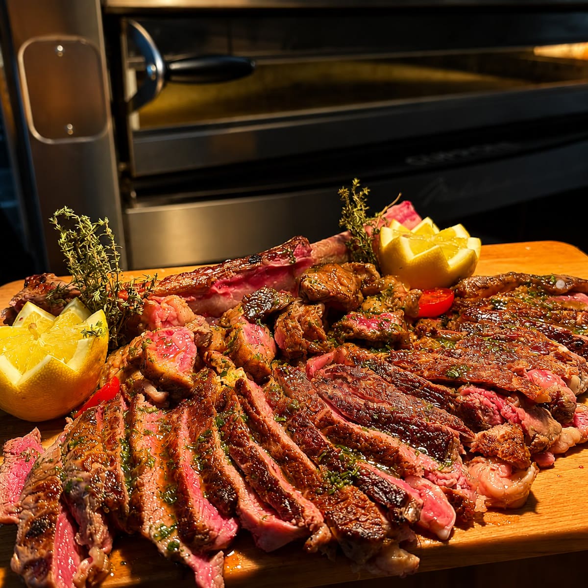 Tagliata di carne grigliata con limone e timo su tagliere